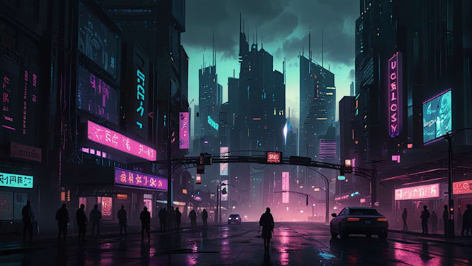 Make a cyberpunk futuristic city illustration by Rodnbert | Fiverr