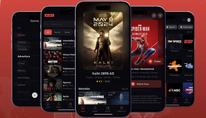 build flix series, live TV, video streaming app with admin panel