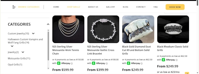 design a custom grillz website, gold teeth jewelry ecommerce store, online store