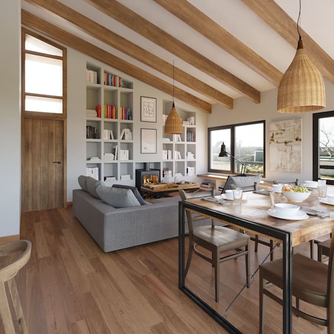 redesign 3d rustic interior, cottage house, render villa house in 3ds max, cgi