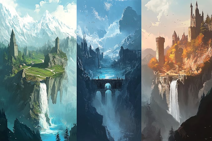 illustrate environments, landscapes, board game, concept art