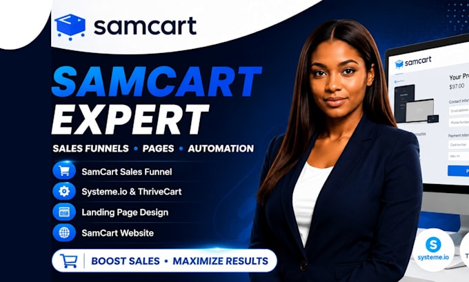 samcart salesfunnel, systeme io, thrivecart, landing page, samcart website