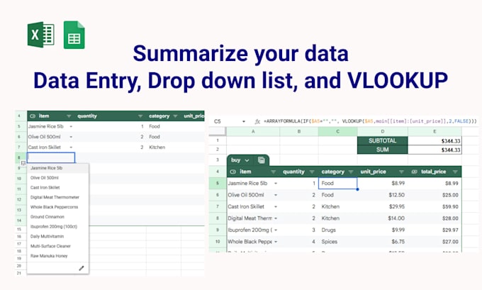 summarize data with vlookup, data entry, and drop down list