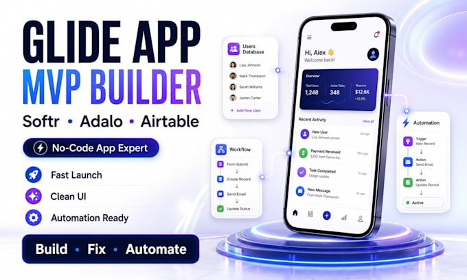 build fix glide adalo softr mvp mobile app, airtable database automation expert