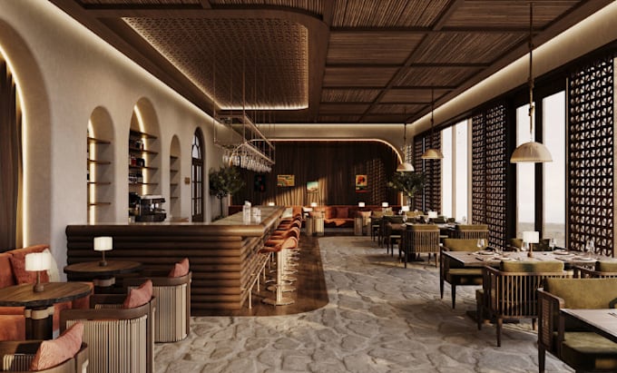 Do 3d cgi bar interior design, restaurant design with 3d rendering by ...