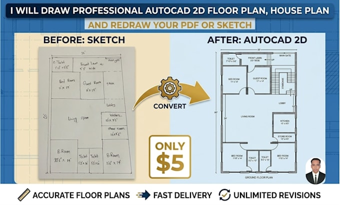 draw cad floor plans and turn pdf or sketch into blueprints