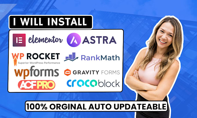 install elementor pro, astra, rank math pro, wp rocket, wpforms, gravity form