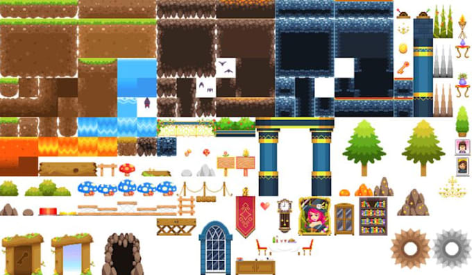 Create a pixel game art background, pixel art tileset, game environment ...