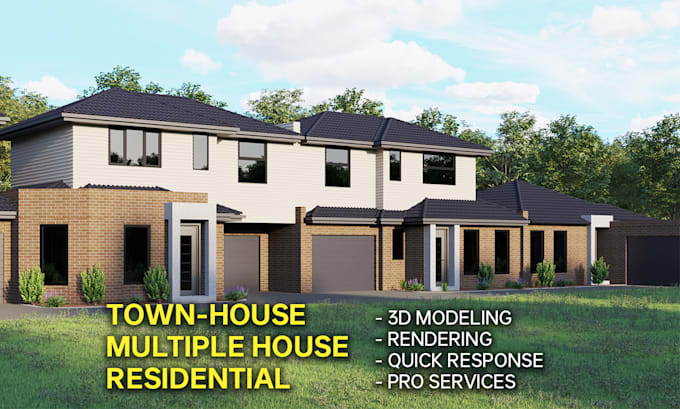 create townhouse 3d exterior rendering, attached house design