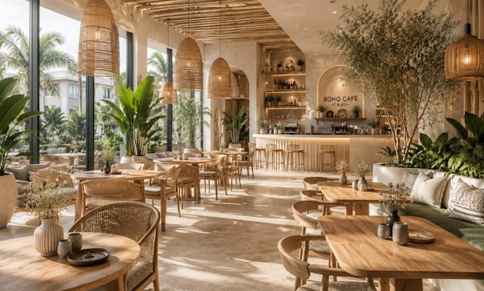 design a modern restaurant interior with realistic 3d renders