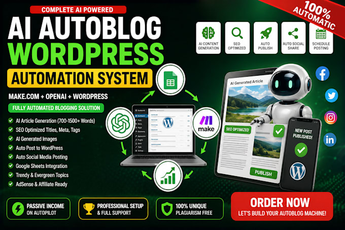 do fully premium automated ai wordpress autoblog website using make ai agent