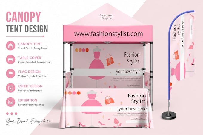 design canopy tent, table cover and feather flag design