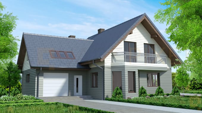 design house facade, front elevation, pool, balcony, realistic exterior renders