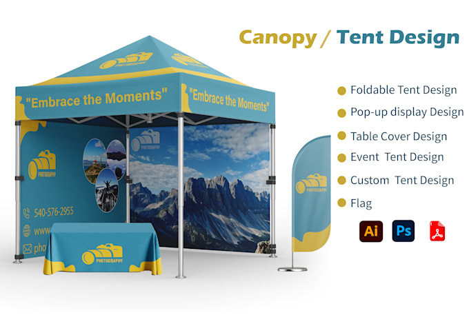 design tent, table cover, feather flag, pop up tent