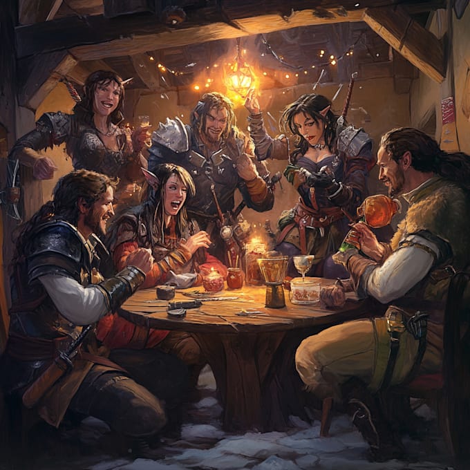 draw dnd party art , fantasy characters illustration