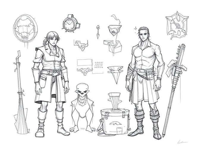 draw a concept sketch of characters, objects, background