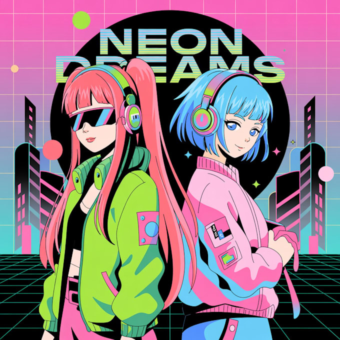 make anime girls cyberpunk and vaporwave