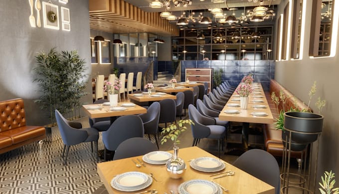 render 3d restaurant interior design, café bar interior, 8k interior rendering