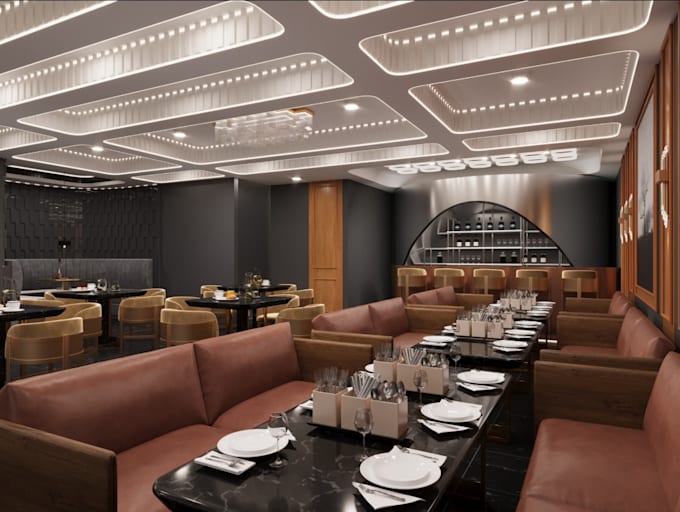 modern restaurant design, 8k interior render, coffe shop, cafe, 3d bar rendering