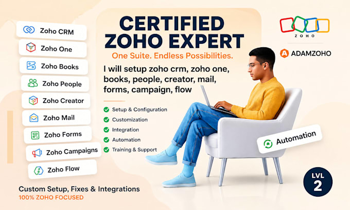 setup zoho one, zoho crm, books, people, creator, analytics, form, mail, desk