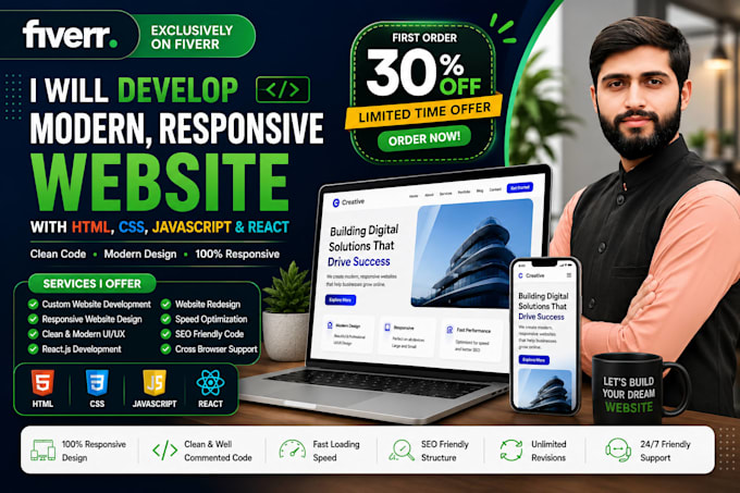 create a modern responsive website using php, javascript, sql and react js