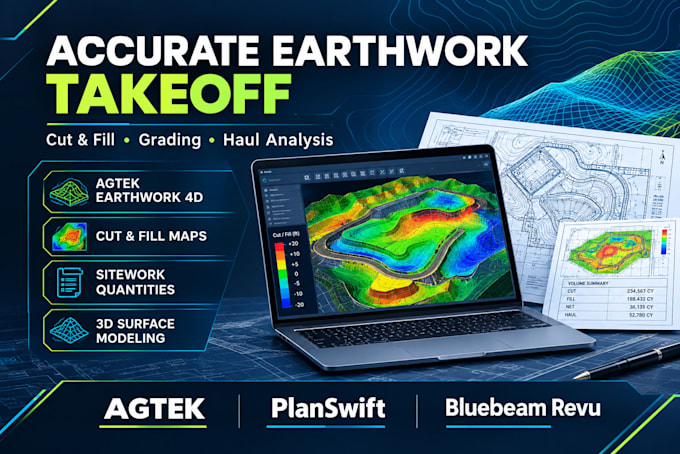expert agtek,bluebeam, planswift earthwork takeoff cut fill analysis