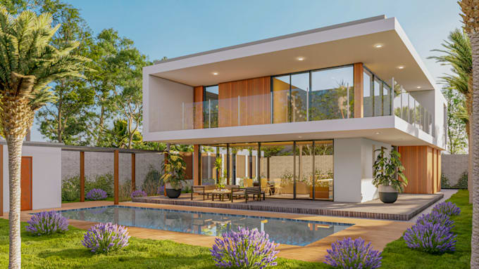 create 3d modern villa with realistic renders