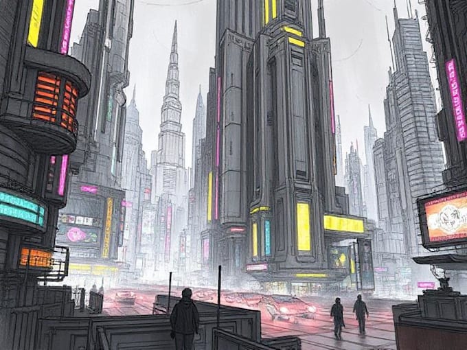 draw futuristic cyberpunk city and sci fi concept art