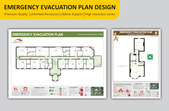design fire emergency evacuation plan, exit plan, safety plan, diagram