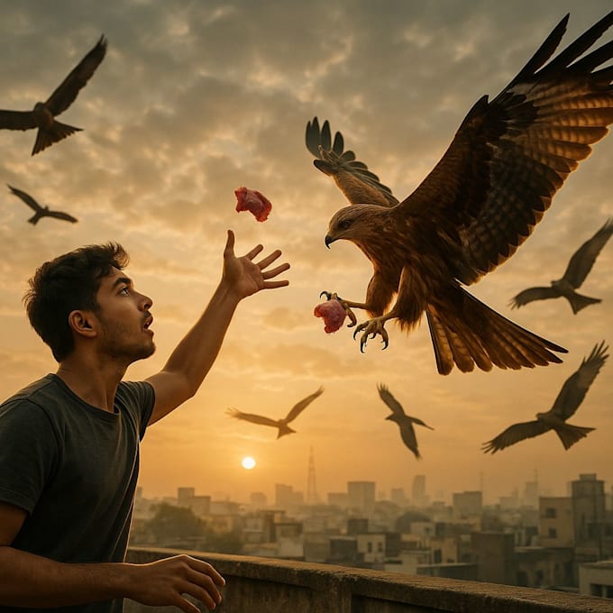 feed wild kites and crows raw meat for your visual satisfaction