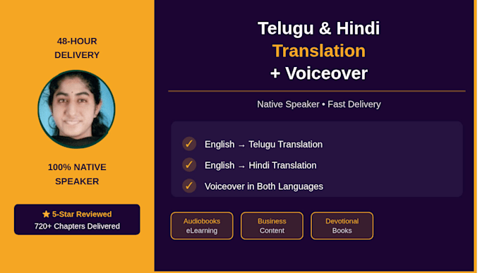 translate english to hindi and telugu with human voiceover