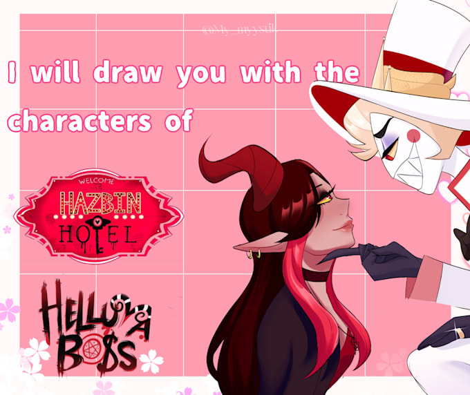 art of the characters from helluva boss and hazbin hotel with you as a couple