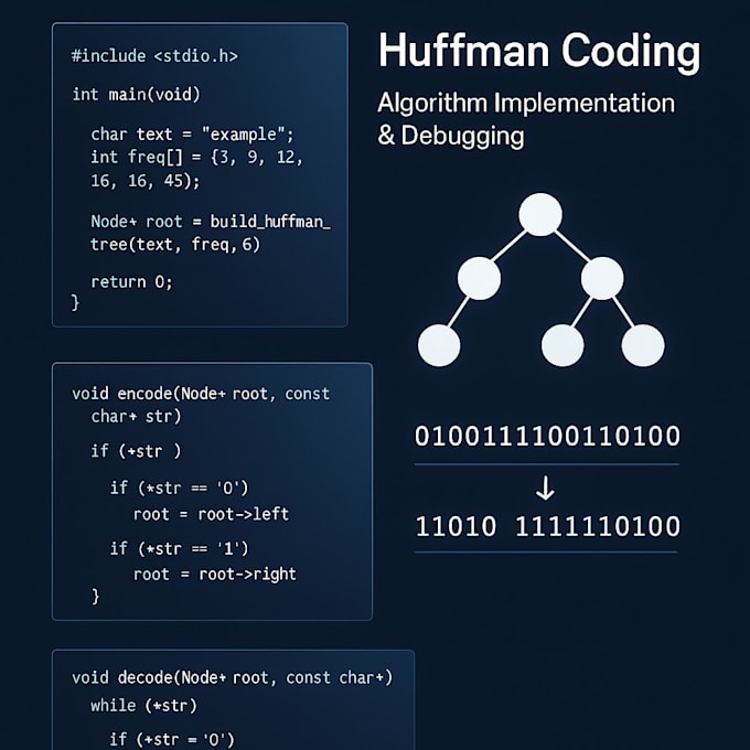 write or debug c programming algorithms such as huffman coding, file processing
