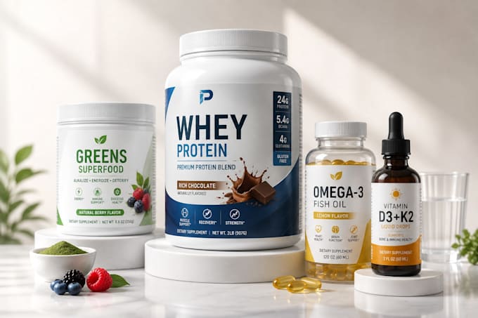 do realistic 3d rendering for your supplement bottle label, product mockup