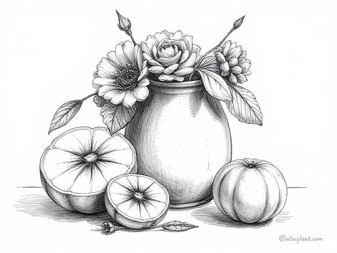 create pen and ink still life drawings and object illustrations