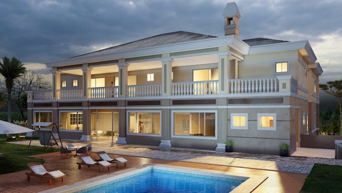 classic exterior design with terrace, landscape, lighting, parking space, render