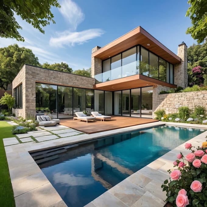 design 3d garden design, swimming pool, backyard patio, exterior rendering