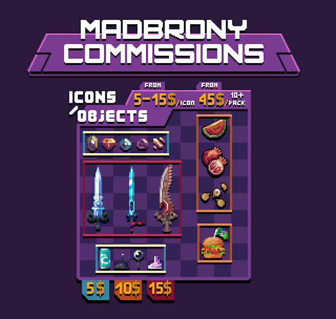 Make pixel art icons and objects for your projects by Madbrony | Fiverr