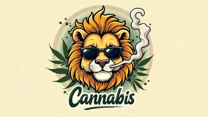 make eye catching lion smoking cannabis mascot logo design in my style