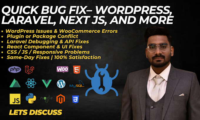 fix any laravel, react, or wordpress bug fast