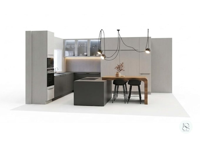 design your kitchen interior, including a floor plan and photorealistic r