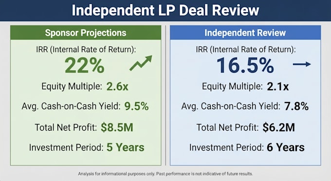 review real estate financial model and provide lp investment analysis