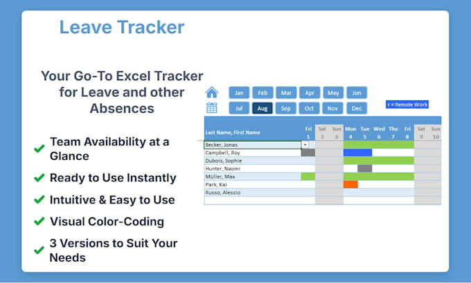 excel leave tracker, vacation planner pto, wfh, sick