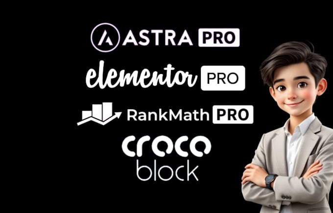 install elementor pro, astra pro crocoblock, rank math pro plugin
