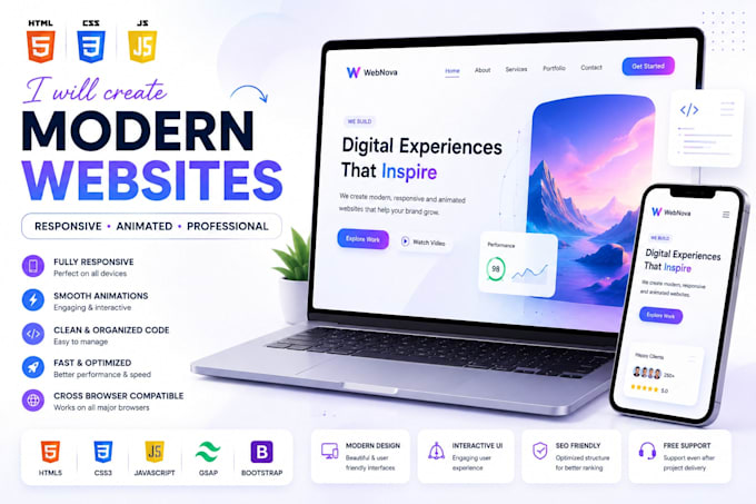 create responsive, animated and paralax HTML CSS js websites