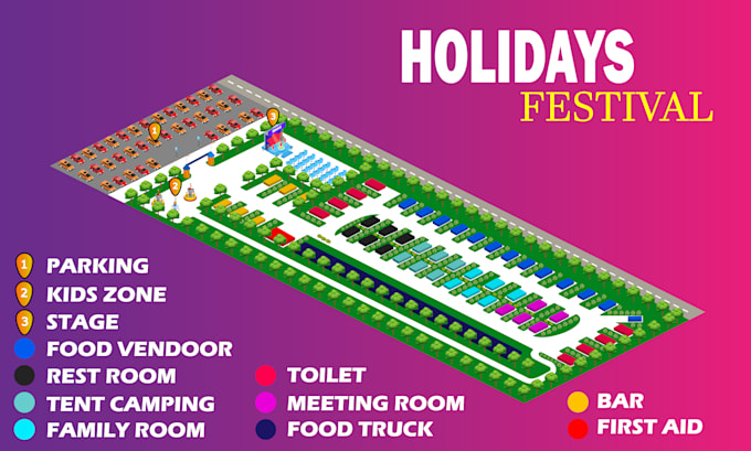 design detailed 3d isometric maps for festivals and events
