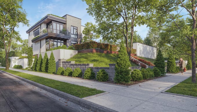 design realistic landscape garden front yard, backyard, terrace and patio