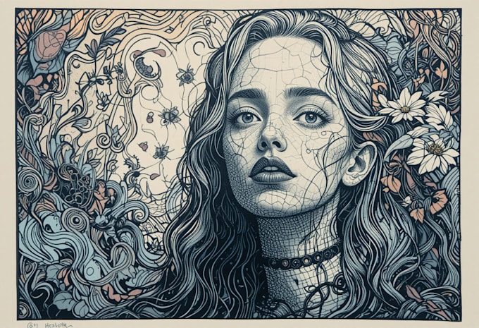 create a portrait print linocut style digital art