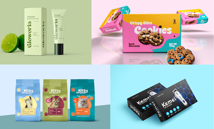 do amazon product packaging, box design, pouch and cosmetic bottle label