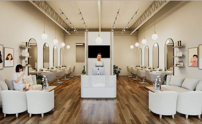 design modern beauty and hair salon interior with 3d rendering and floor plan